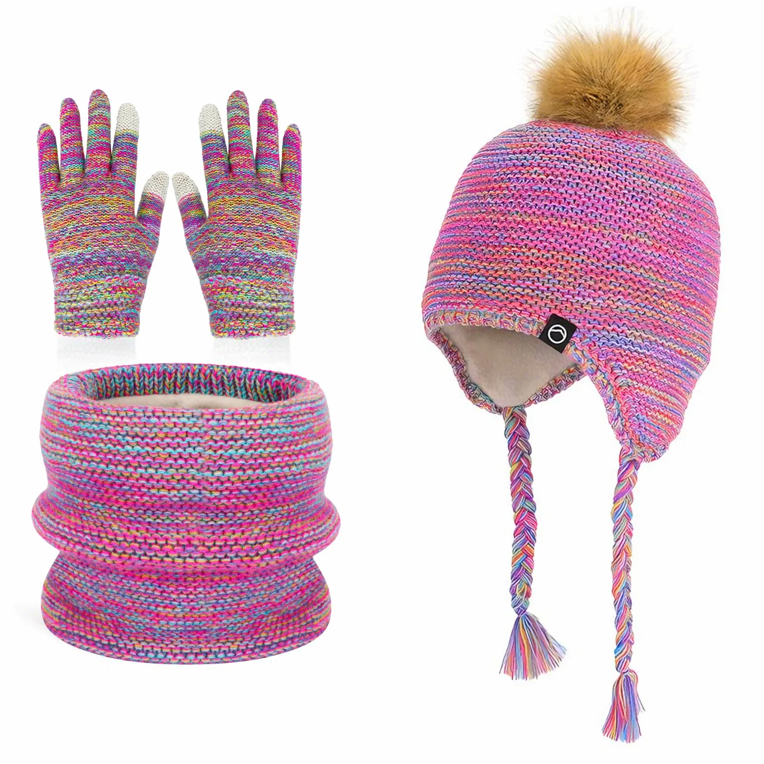 QKURT Dziecięca czapka zimowa szalik zestaw rękawiczek dla dzieci zimowa termiczna dzianinowa czapka beanie ocieplacz na szyję rękawiczki z ekranem dotykowym miękka ciepła czapka szalik rękawica dla