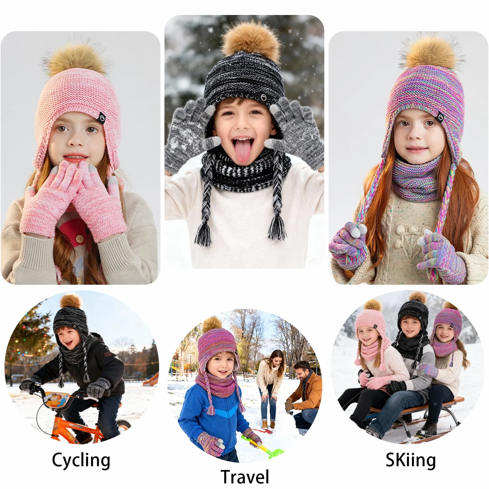 QKURT Dziecięca czapka zimowa szalik zestaw rękawiczek dla dzieci zimowa termiczna dzianinowa czapka beanie ocieplacz na szyję rękawiczki z ekranem dotykowym miękka ciepła czapka szalik rękawica dla