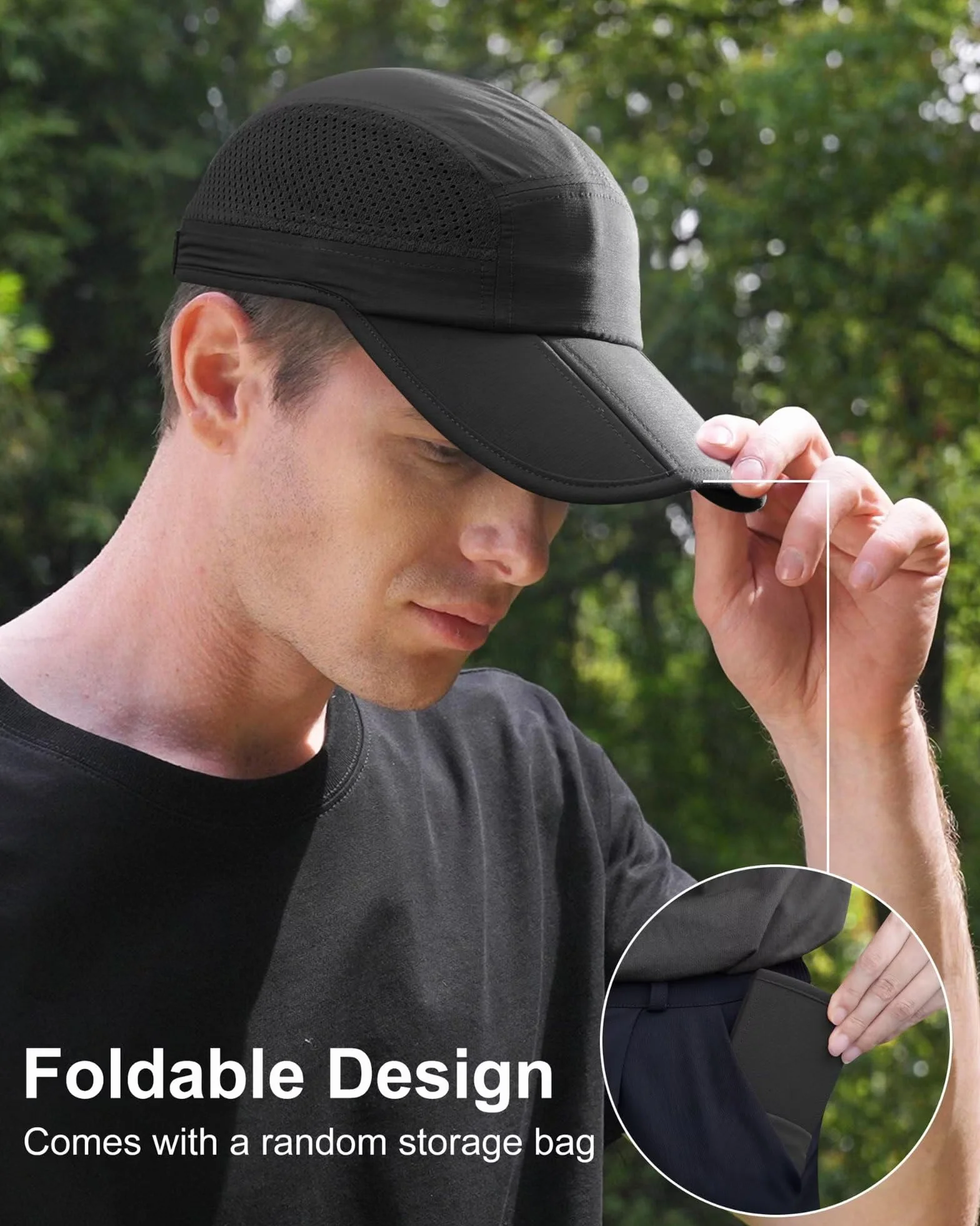 GADIEMKENSD Sportowe lekkie i oddychające czapki bejsbolowe - Folding style,Black