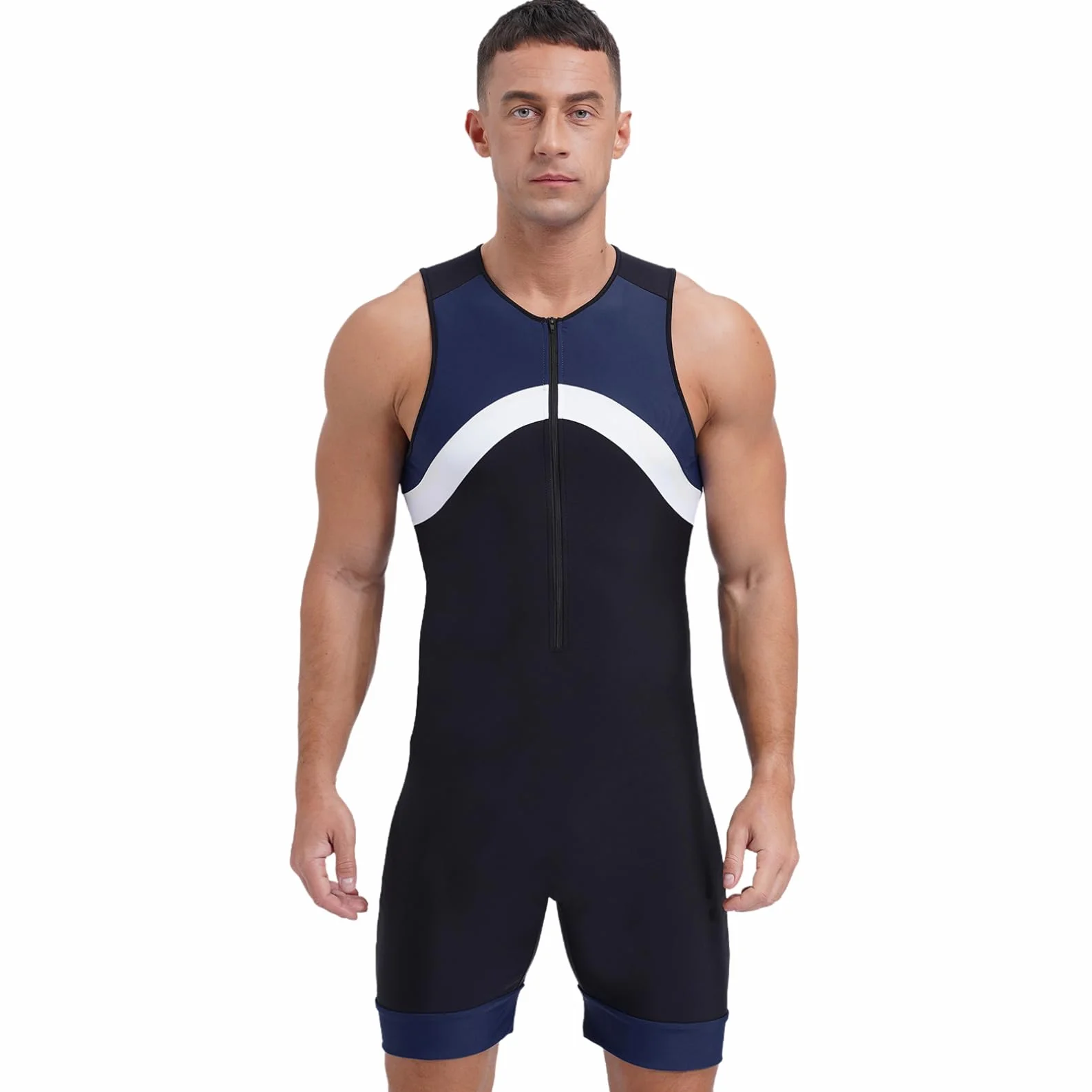 ranrann Męski strój kąpielowy jednoczęściowy kombinezon pływacki Surfing Plaża Basen Swimwear M-3XL, Typ F Granatowy, 4XL
