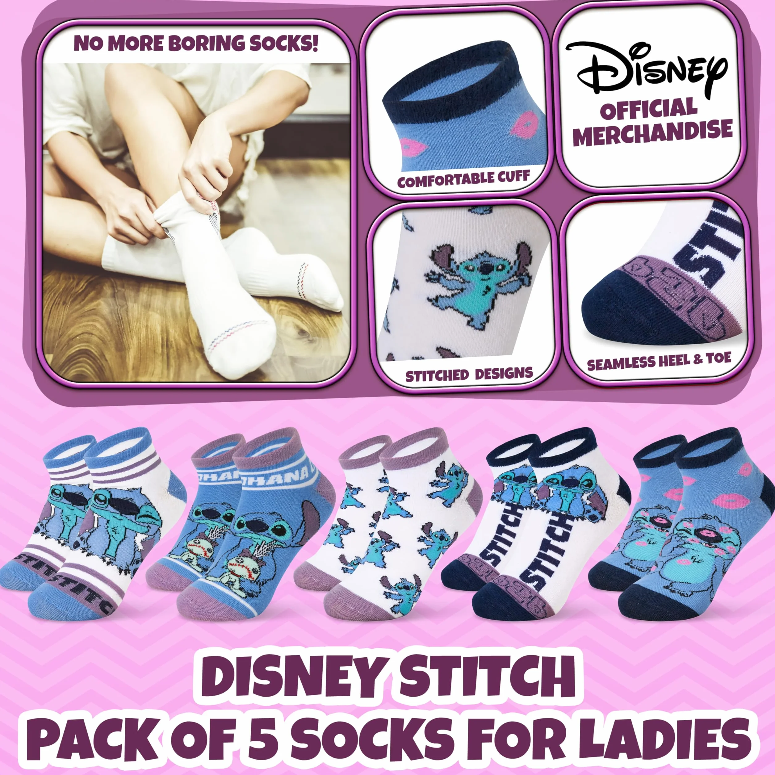 Disney Damskie skarpetki do kostki Disney, miękkie i oddychające skarpetki, zestaw 5 sztuk - prezenty dla niej